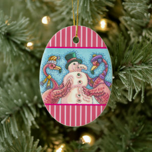 ROSA FLAMINGO SCHNEEMANN, LUSTIGE WEIHNACHTSVÖGEL KERAMIK ORNAMENT