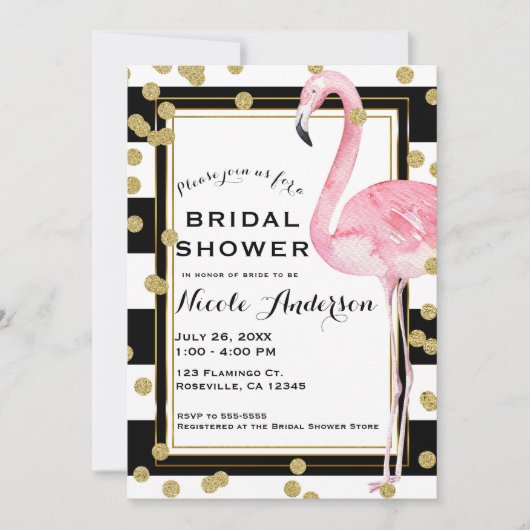 Rosa Flamingo Schwarz-weiße Streifen und Goldfetti Einladung (Vorderseite)