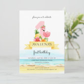 Rosa Flamingo Sommer Girl 1. Geburtstag Einladung (Stehend Vorderseite)