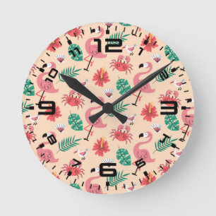 Rosa Flamingo Sommer Tropisches Muster Runde Wanduhr