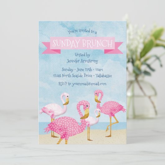 Rosa Flamingo-Sonntagbrunch-Party Einladung (Stehend Vorderseite)