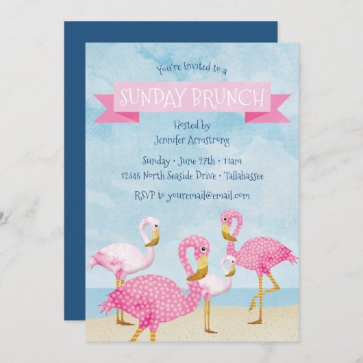 Rosa Flamingo-Sonntagbrunch-Party Einladung (Vorne/Hinten)