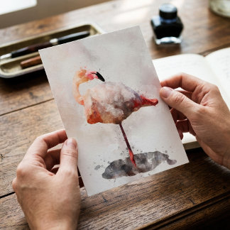 Rosa Flamingo stehend in Wasserfarben-Kunstprint Postkarte