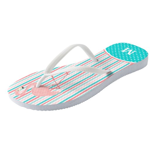 Rosa Flamingo Stripe Monogram Badesandalen (Schrägansicht)