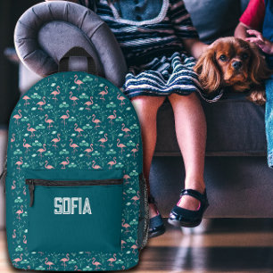  Rosa Flamingo süßes dunkles Tealmuster Name Bedruckter Rucksack
