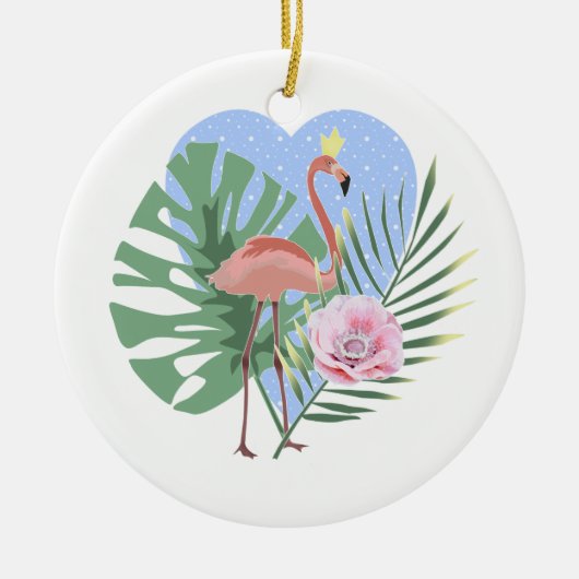 Rosa Flamingo Tropenpalme Keramik Ornament (Vorne)