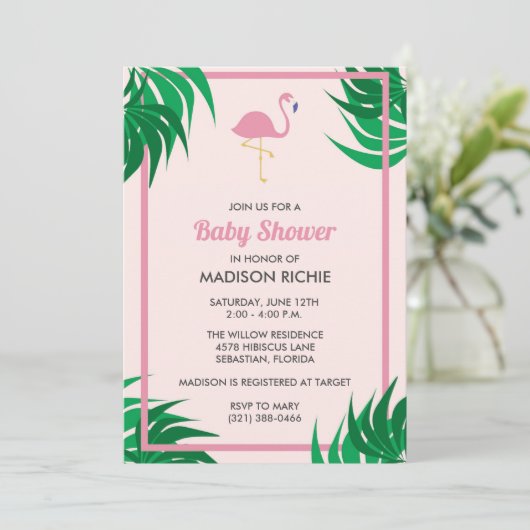 Rosa Flamingo Tropical Baby Dusche Einladung (Stehend Vorderseite)