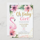 Rosa Flamingo Tropical Gold Ein Mädchen-Kinderdusc Einladung (Vorderseite)