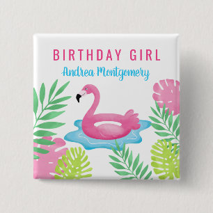 Rosa Flamingo Tropical Pool Party Button Name Tag