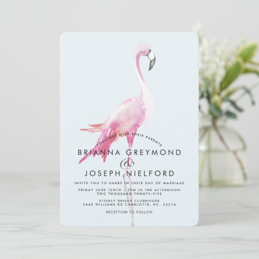 Rosa Flamingo Tropical Style Wedding Einladung (Stehend Vorderseite)