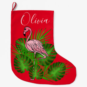 Rosa Flamingo, tropische Blätter Großer Weihnachtsstrumpf