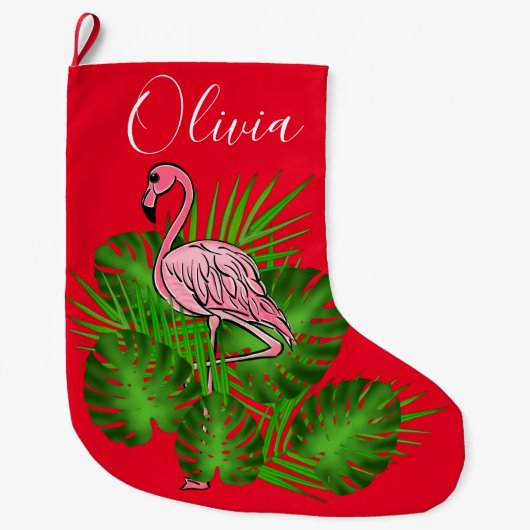 Rosa Flamingo, tropische Blätter Großer Weihnachtsstrumpf (Vorderseite)
