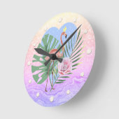 Rosa Flamingo tropische Blattpalme Runde Wanduhr (Winkel)