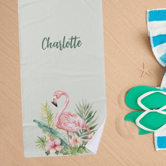 Rosa Flamingo tropische Blume Salbei grün Strandtuch