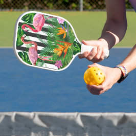 Rosa Flamingo Tropische Blume Schwarz-weiße Streif Pickleball Schläger