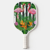 Rosa Flamingo Tropische Blume Schwarz-weiße Streif Pickleball Schläger (Vorderseite)