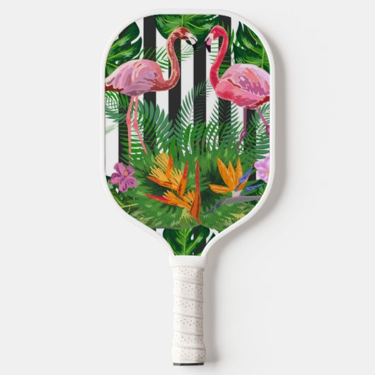 Rosa Flamingo Tropische Blume Schwarz-weiße Streif Pickleball Schläger (Vorderseite)