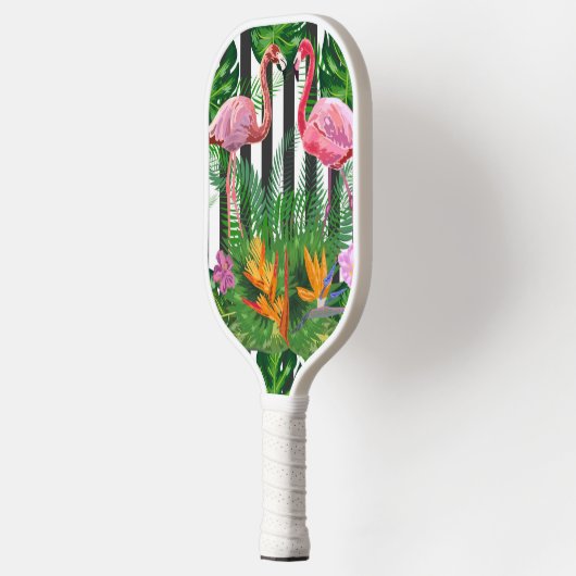 Rosa Flamingo Tropische Blume Schwarz-weiße Streif Pickleball Schläger (Links)