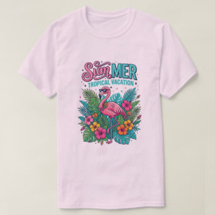 Rosa Flamingo Tropische Blumen - Sommerurlaub T-Shirt