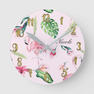 Rosa Flamingo & Tropische Blumenblätter Maßanferti Runde Wanduhr