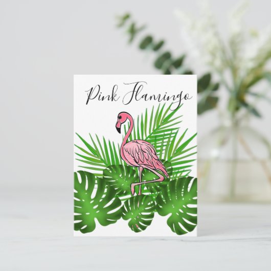 Rosa Flamingo, tropische Dschungel-Blätter Postkarte (Stehend Vorderseite)