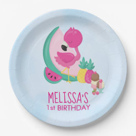 Rosa Flamingo, tropische Früchte und Party aus Eis Pappteller