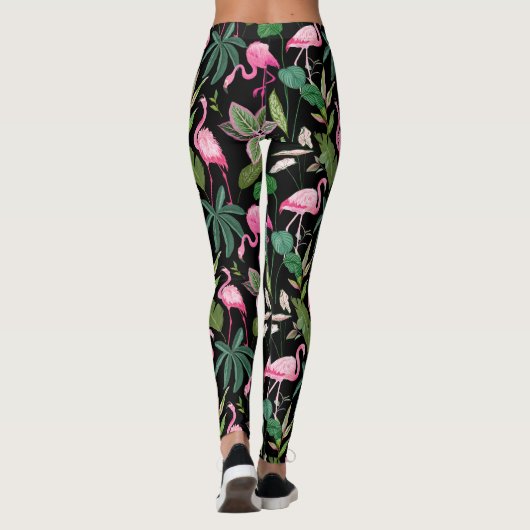 Rosa Flamingo tropischer botanischer schwarzer Hin Leggings (Rückseite)