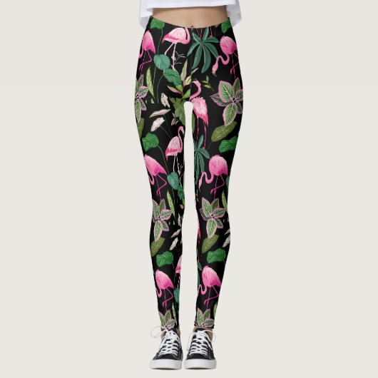 Rosa Flamingo tropischer botanischer schwarzer Hin Leggings (Vorderseite)