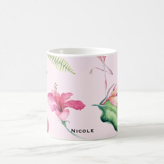Rosa Flamingo Tropischer Hibiskus Blühender Spaß Kaffeetasse (Mittel)