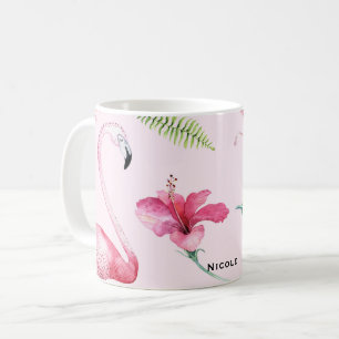 Rosa Flamingo Tropischer Hibiskus Blumen Spaß Kaffeetasse