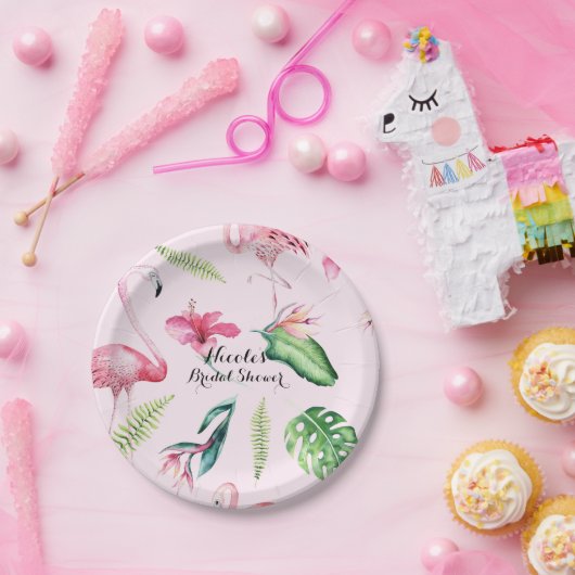 Rosa Flamingo Tropischer Hibiskus Blumenkohl Party Pappteller (Party)