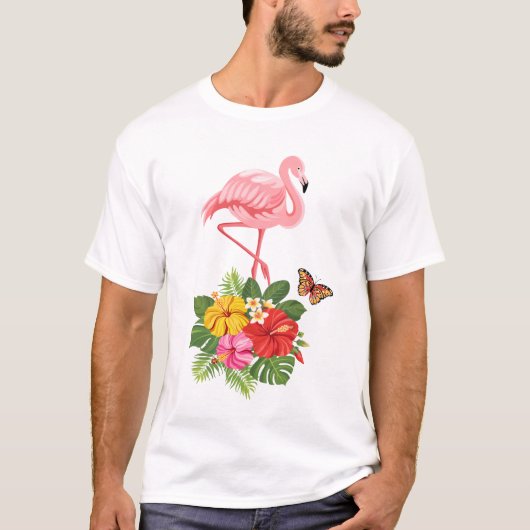Rosa Flamingo & Tropischer Hibiskus Extravaganter  T-Shirt (Vorderseite)