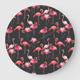 Rosa Flamingo: tropisches Aquarellmuster. Große Wanduhr