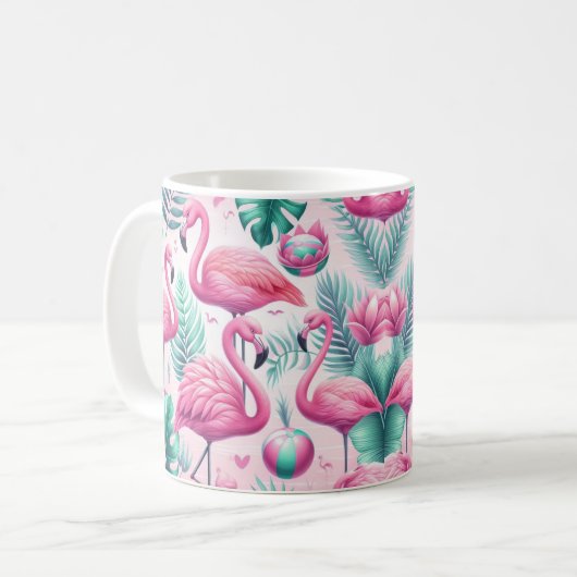 Rosa Flamingo tropisches Design Kaffeetasse (Vorderseite Links)