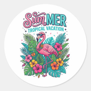 Rosa Flamingo Tropisches Floral - Sommerurlaub Runder Aufkleber