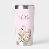 Rosa Flamingo tropisches Monogramm Thermobecher (Vorderseite)