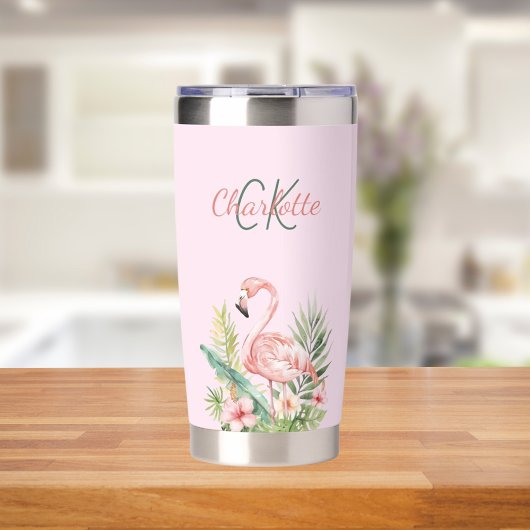 Rosa Flamingo tropisches Monogramm Thermobecher