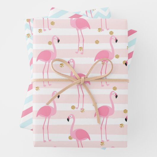 Rosa Flamingo tropisches Streifenmuster Geschenkpapier Set (Beispiel)