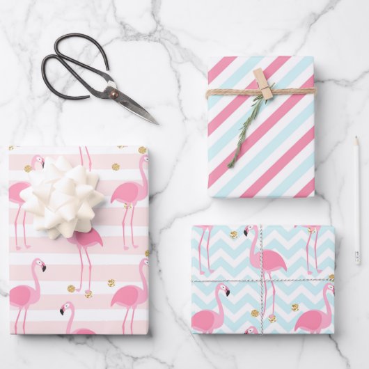 Rosa Flamingo tropisches Streifenmuster Geschenkpapier Set (Vorderseite)