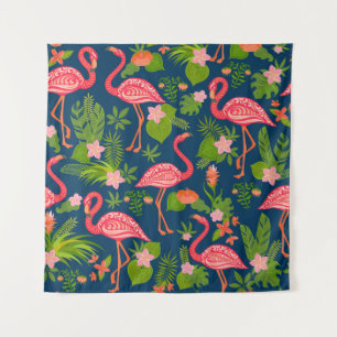 Rosa Flamingo: Türkis gestreift Vintage Wandteppich