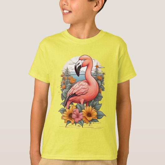 Rosa Flamingo umgeben von Blume T-Shirt (Vorderseite)