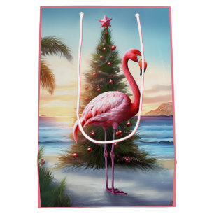 Rosa Flamingo und Christbaum Tropical Beach Mittlere Geschenktüte