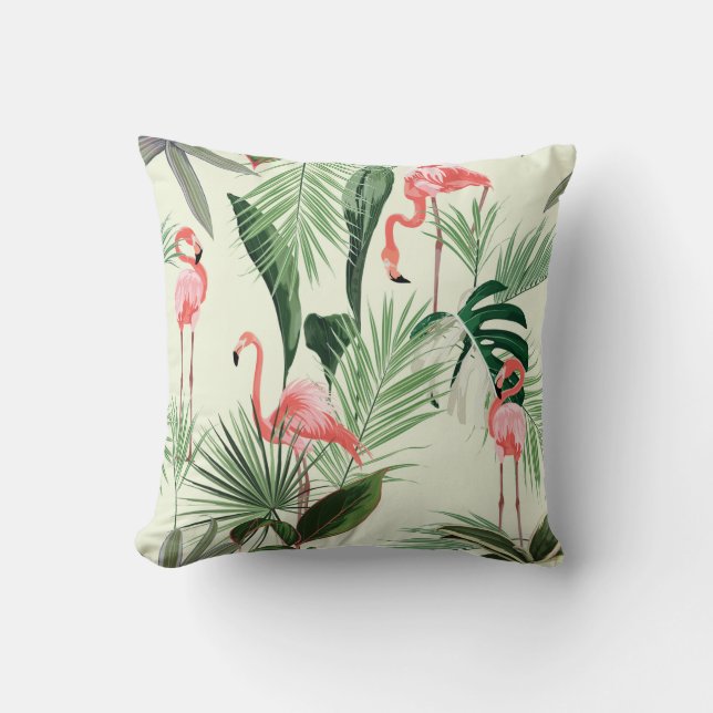 Rosa Flamingo und exotische Blume, Blätter aus Pal Kissen (Vorderseite)