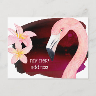 Rosa Flamingo und Frangipani-Blüten Neue Adresse Ankündigungspostkarte