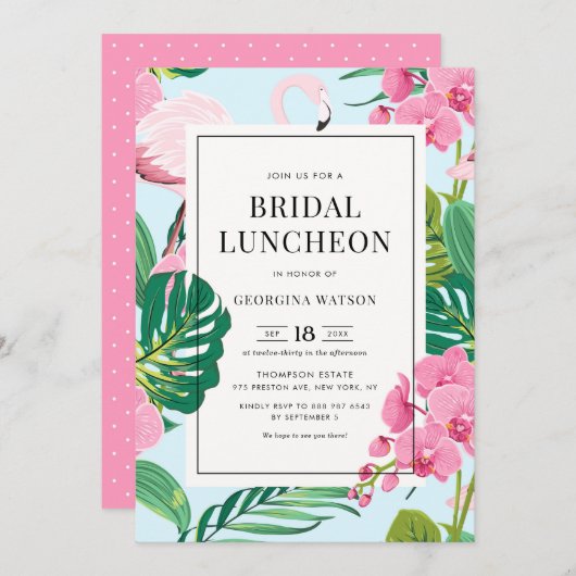 Rosa Flamingo und Orchids Tropical Bridal Luncheon Einladung (Vorne/Hinten)