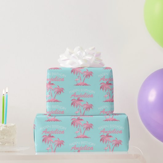 Rosa Flamingo und Palmen Bäume auf Aquamarinen Geschenkpapier (Partygeschenke)
