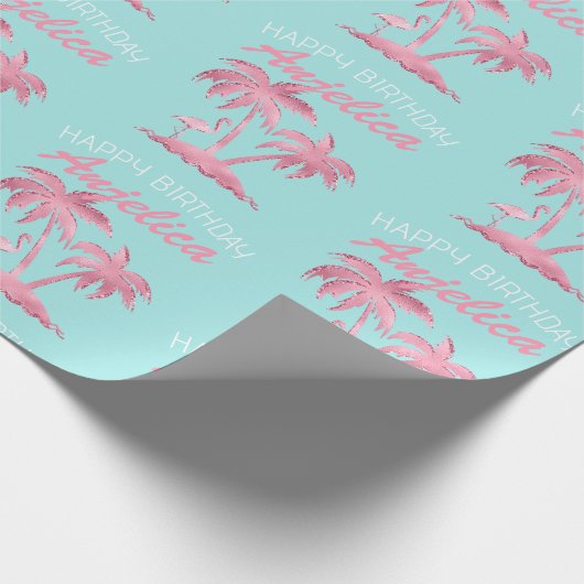 Rosa Flamingo und Palmen Bäume auf Aquamarinen Geschenkpapier (Ecke)