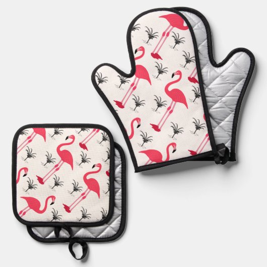 Rosa Flamingo und Palmenbaum Ofenhandschuh & Topflappen-Set (Vorderseite/Rückseite)