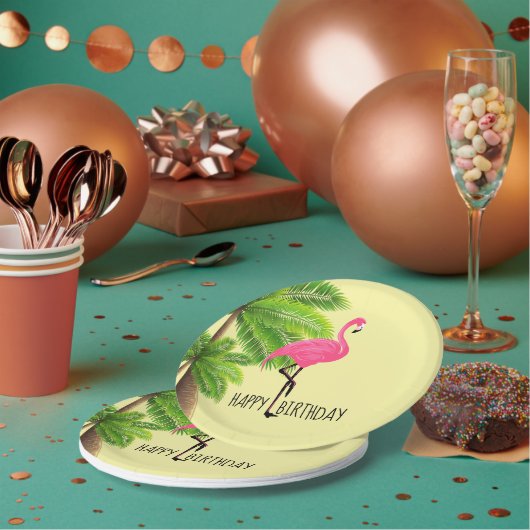 Rosa Flamingo- und Palmenblätterplatte Pappteller (Multi)