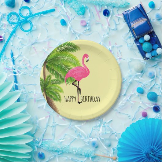 Rosa Flamingo- und Palmenblätterplatte Pappteller (Party)